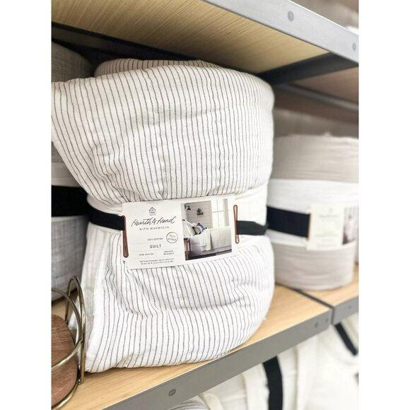 Hearth & Hand Magnolia Full Queen Microstripe Quilt Sour Cream Railroad Gray - Picture 5 of 5